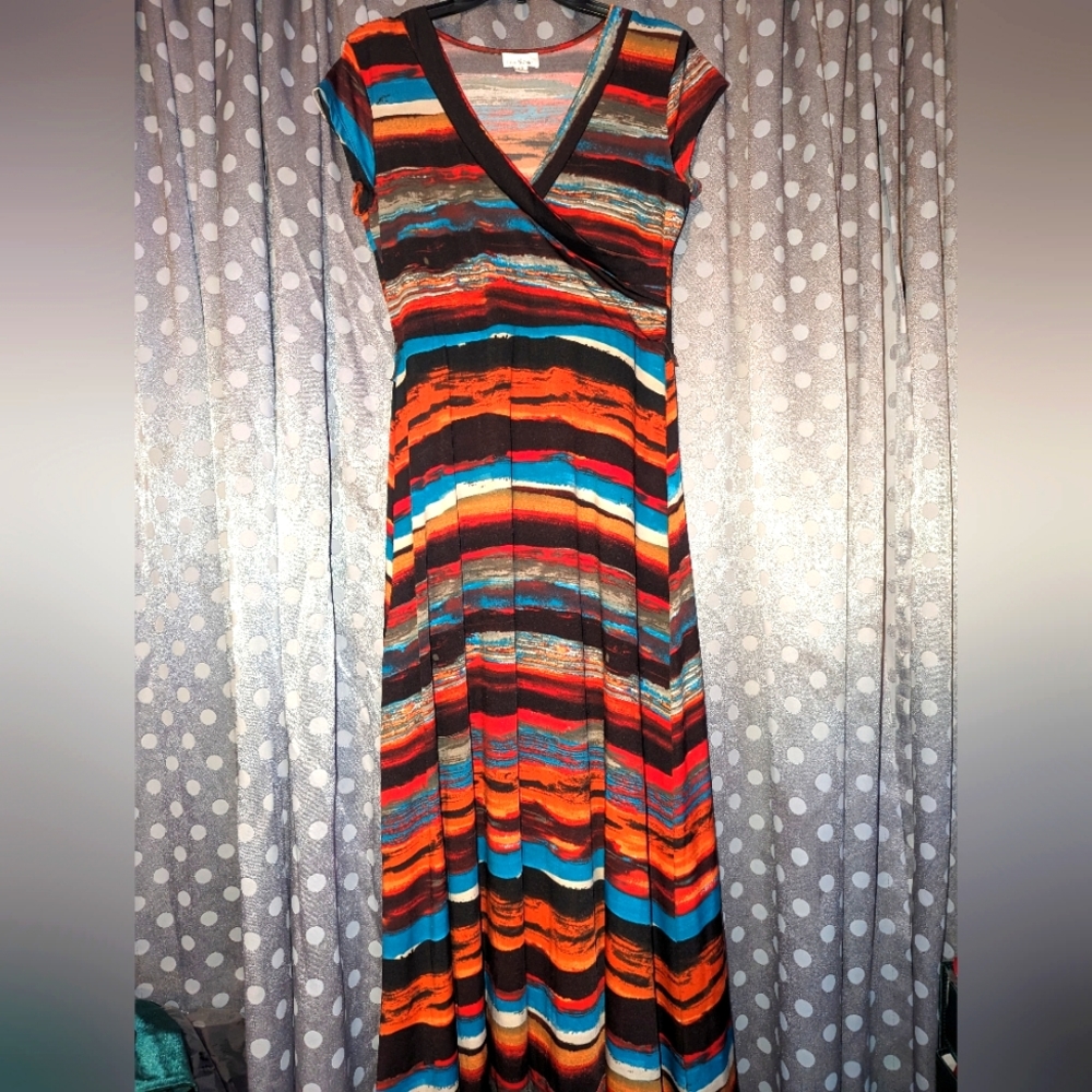 Olivia Matthews Striped Wrap Maxi Dress in Orange, Black & Teal